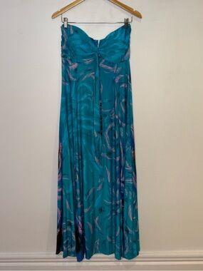 India Boutique Teal Tropical Strapless Maxi Dress with palm motif Motif size L